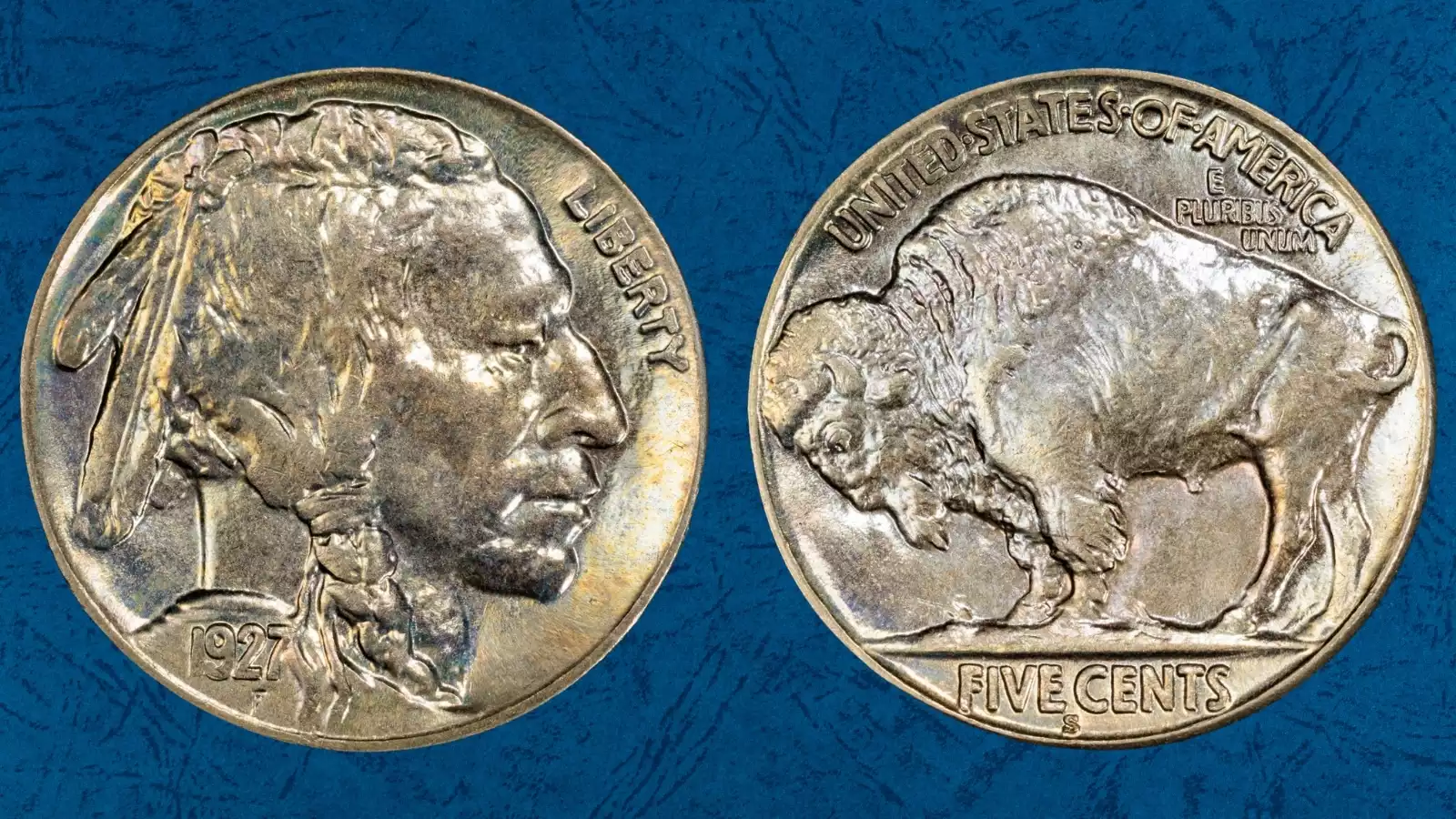 Side-by-side comparison of normal 1927 Buffalo nickel (three feathers) versus Two Feathers error coin (two feathers) in headdress