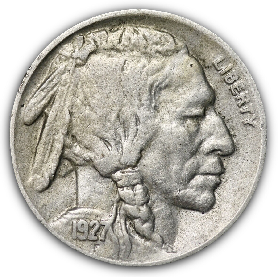 1927 Buffalo nickel Double Die Obverse showing doubled LIBERTY lettering and date under magnification