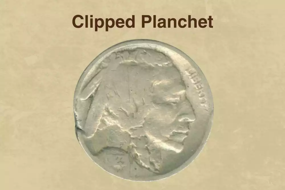 1927 Buffalo nickel clipped planchet error showing the irregular straight-clipped edge