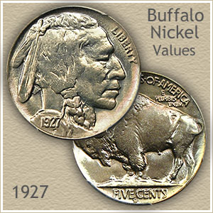 1927 Buffalo nickel grading strip showing four condition tiers from worn Good through Gem Mint State